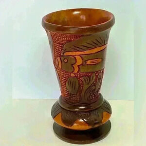 Hand carved wooden fish design vase